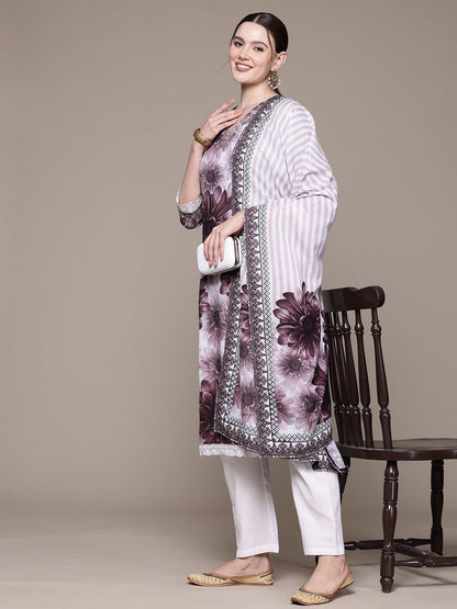 Straight style Linen fabric Violet color kurta with Bottom and Dupatta