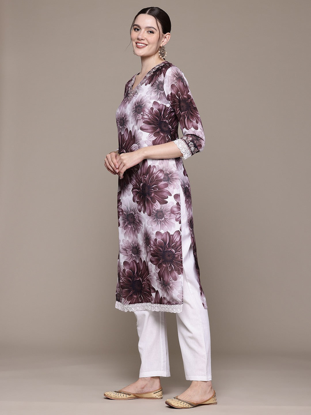 Straight style Linen fabric Violet color kurta with Bottom and Dupatta