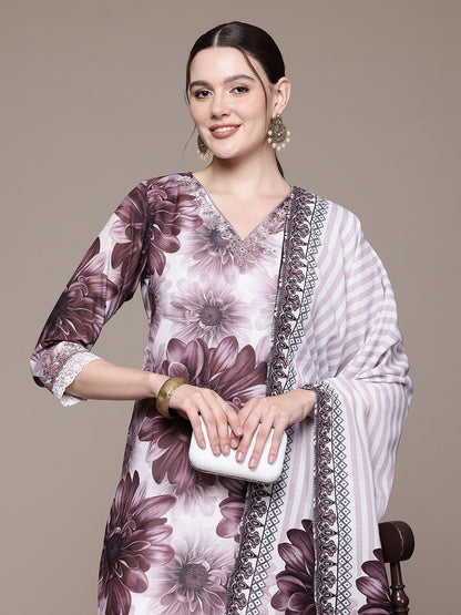 Straight style Linen fabric Violet color kurta with Bottom and Dupatta