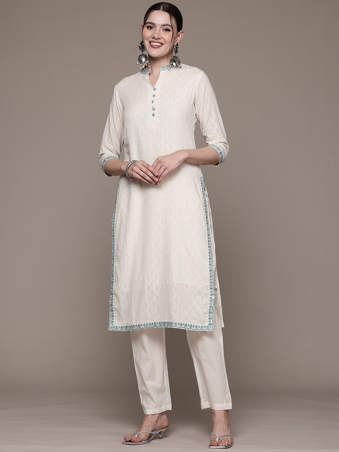 Straight style Cotton fabric Off White color kurta with Bottom