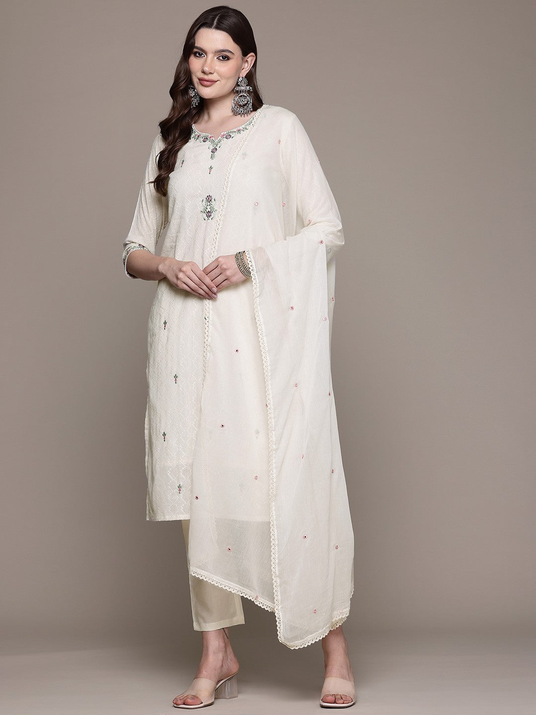 Straight style Cotton fabric Off White color kurta with Bottom and Dupatta