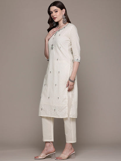 Straight style Cotton fabric Off White color kurta with Bottom and Dupatta