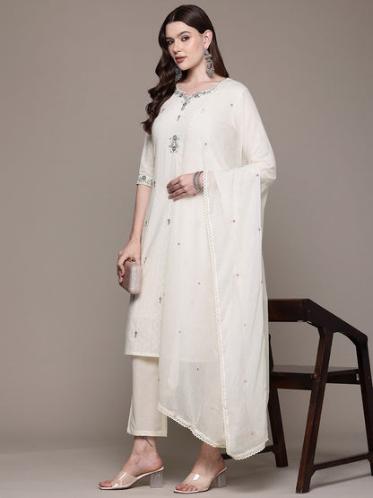 Straight style Cotton fabric Off White color kurta with Bottom and Dupatta