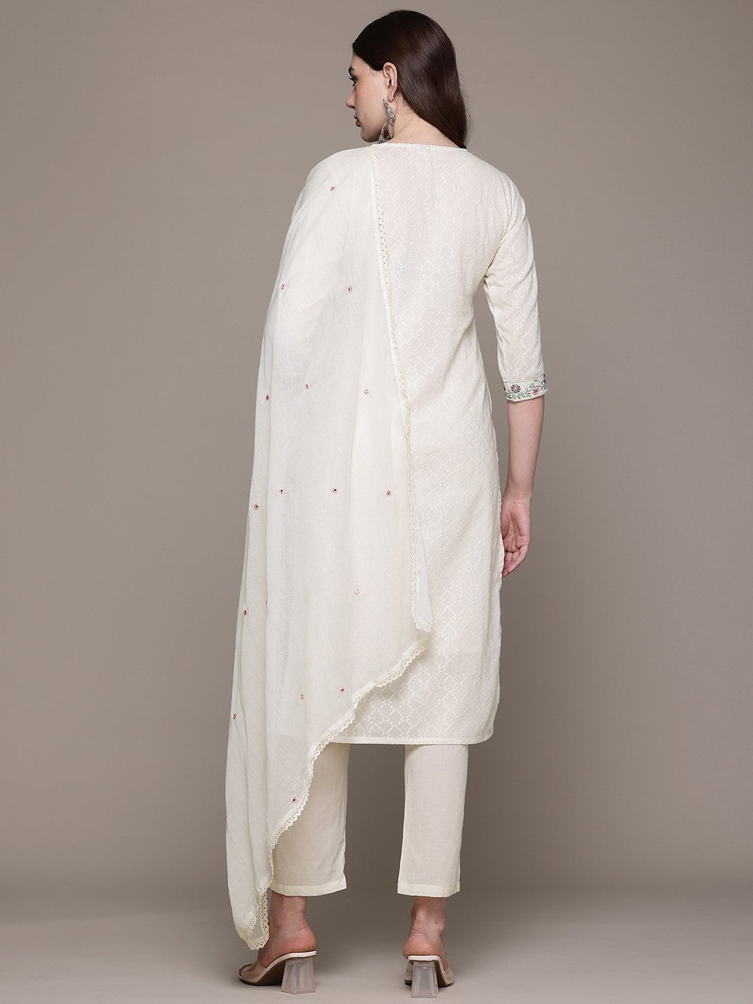 Straight style Cotton fabric Off White color kurta with Bottom and Dupatta