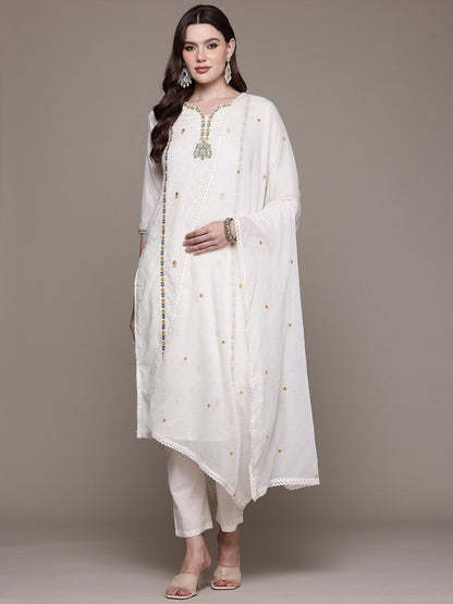 Straight style Cotton fabric Off White color kurta with Bottom and Dupatta