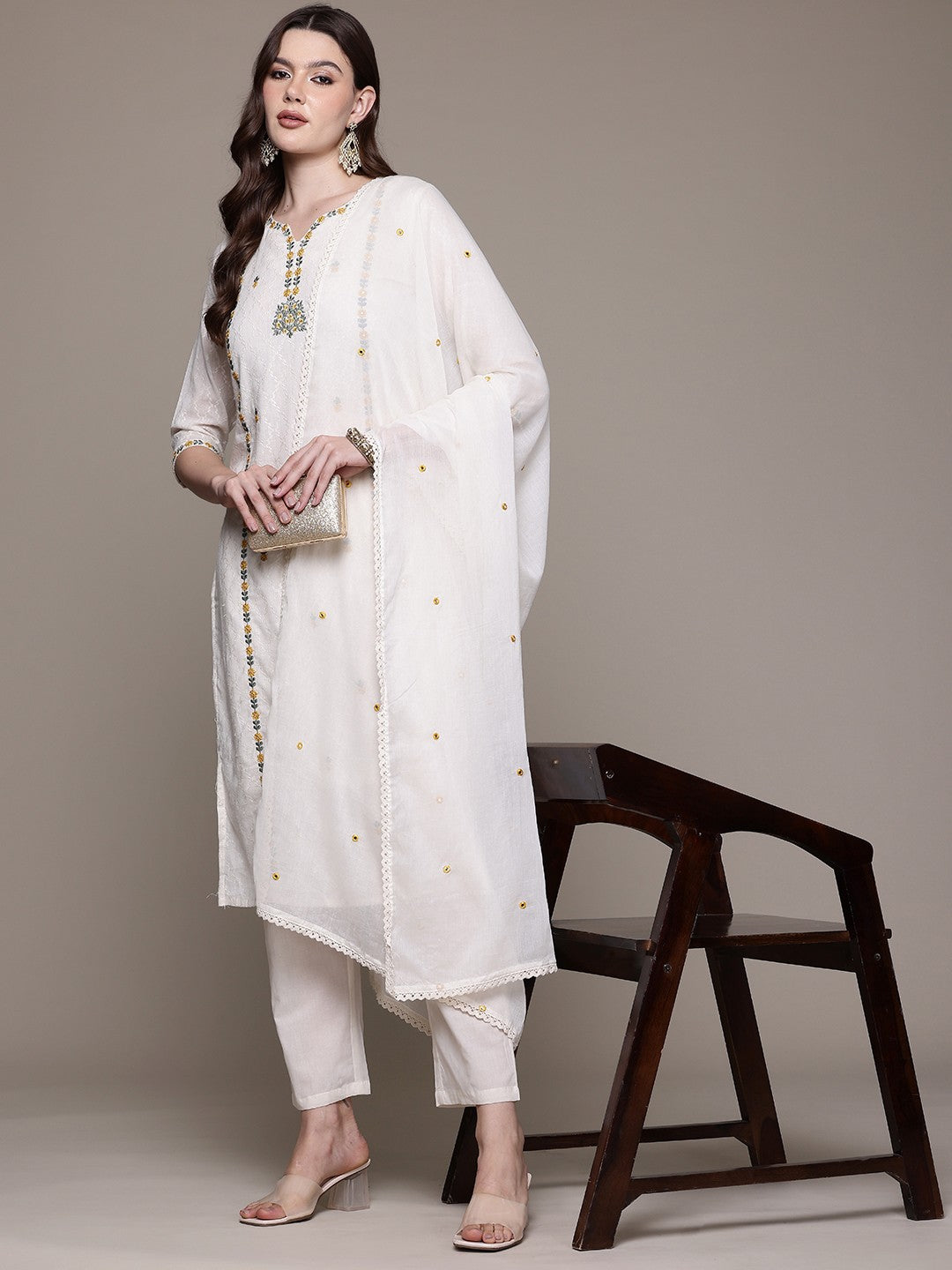 Straight style Cotton fabric Off White color kurta with Bottom and Dupatta