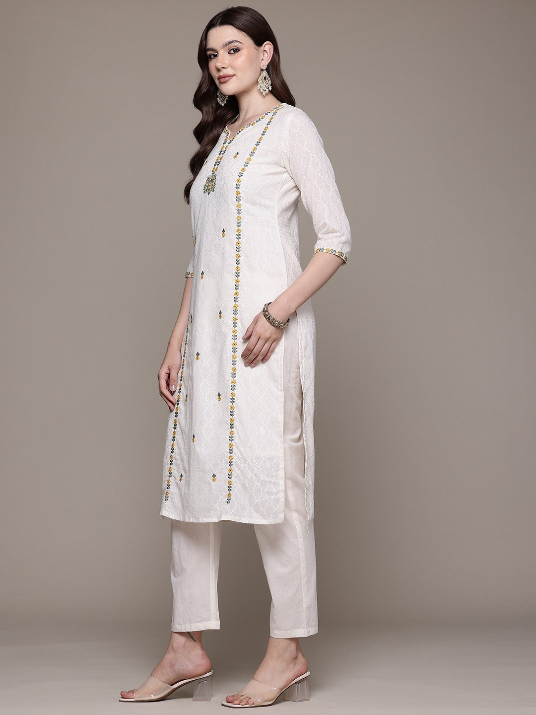 Straight style Cotton fabric Off White color kurta with Bottom and Dupatta