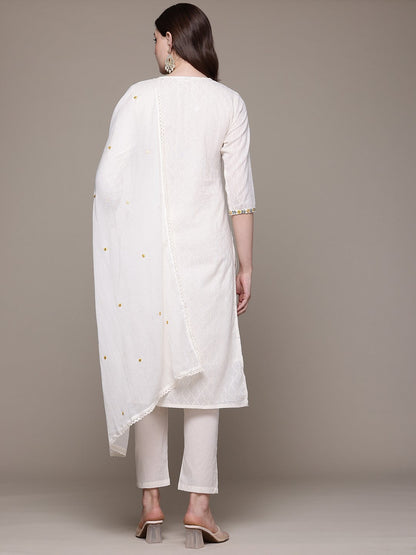 Straight style Cotton fabric Off White color kurta with Bottom and Dupatta