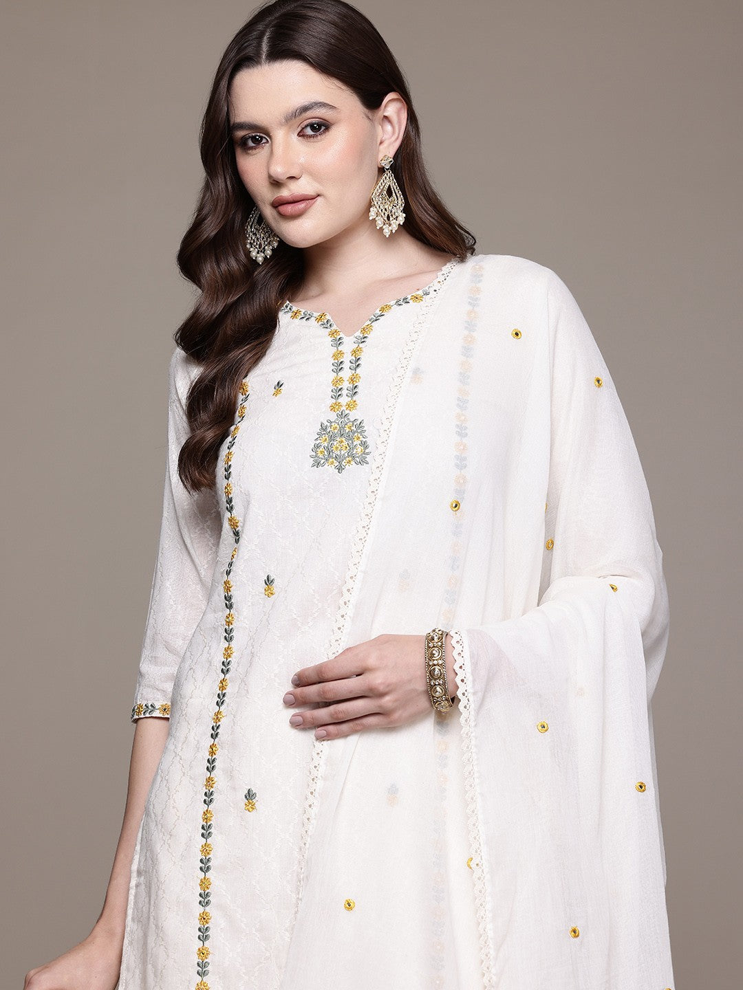 Straight style Cotton fabric Off White color kurta with Bottom and Dupatta