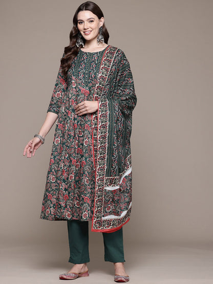 A line style Cotton fabric Green color kurta with Bottom and Dupatta