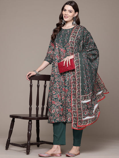 A line style Cotton fabric Green color kurta with Bottom and Dupatta