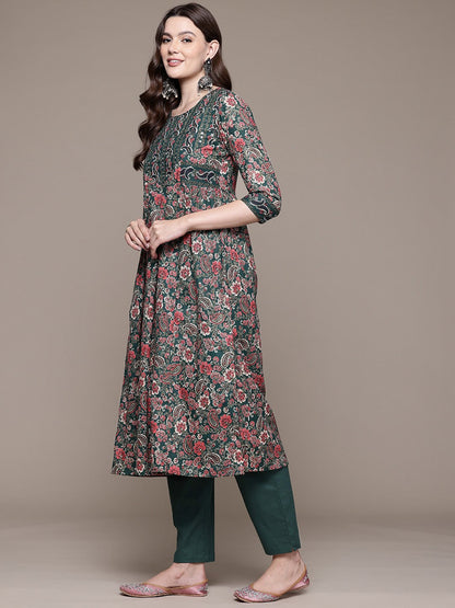 A line style Cotton fabric Green color kurta with Bottom and Dupatta