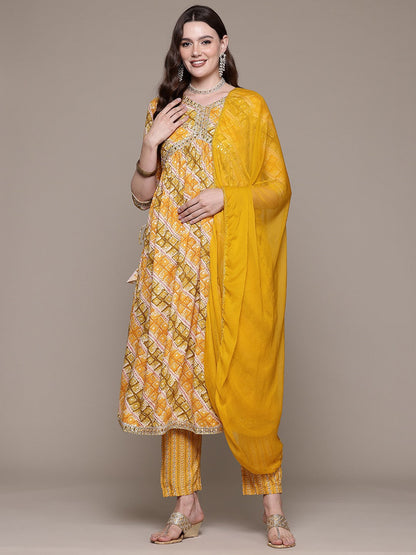 Flared style Rayon fabric Mustard color kurta with Bottom and Dupatta