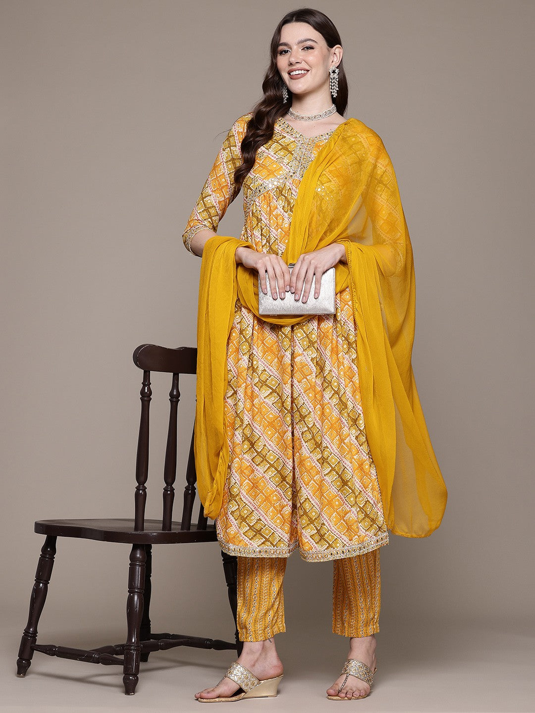 Flared style Rayon fabric Mustard color kurta with Bottom and Dupatta