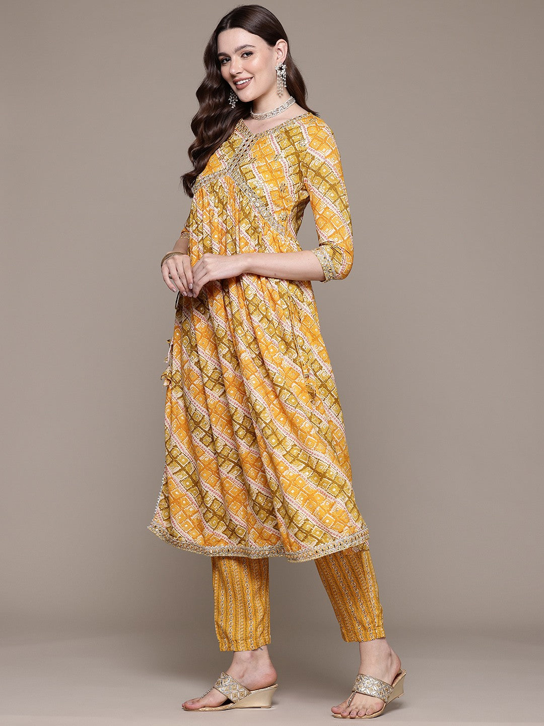 Flared style Rayon fabric Mustard color kurta with Bottom and Dupatta