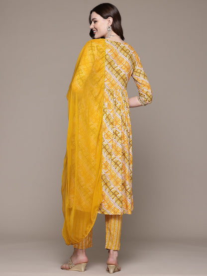 Flared style Rayon fabric Mustard color kurta with Bottom and Dupatta