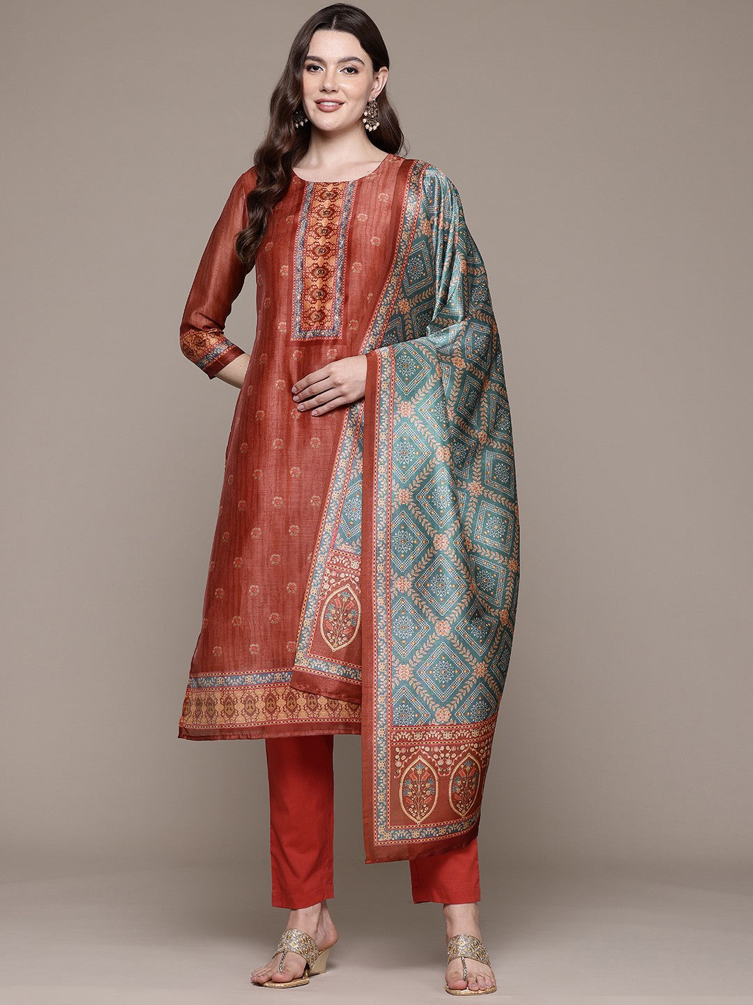 Straight style Silk fabric Red color kurta with Bottom and Dupatta