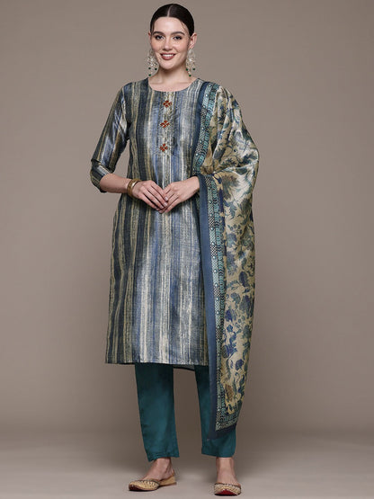 Straight style Silk fabric Teal color kurta with Bottom and Dupatta