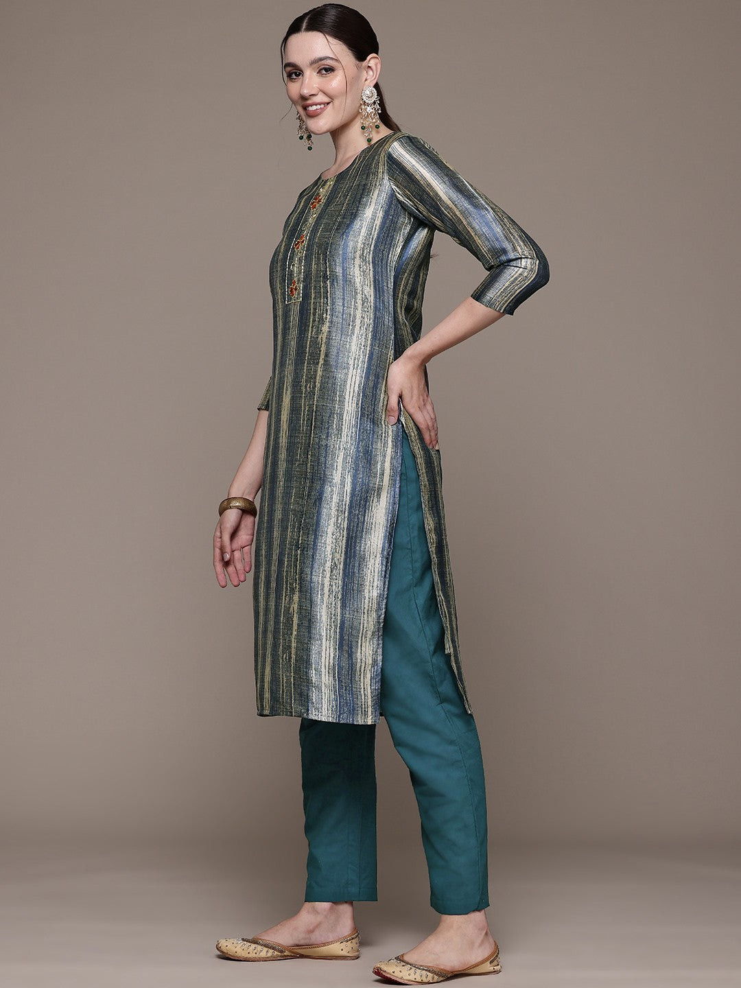 Straight style Silk fabric Teal color kurta with Bottom and Dupatta