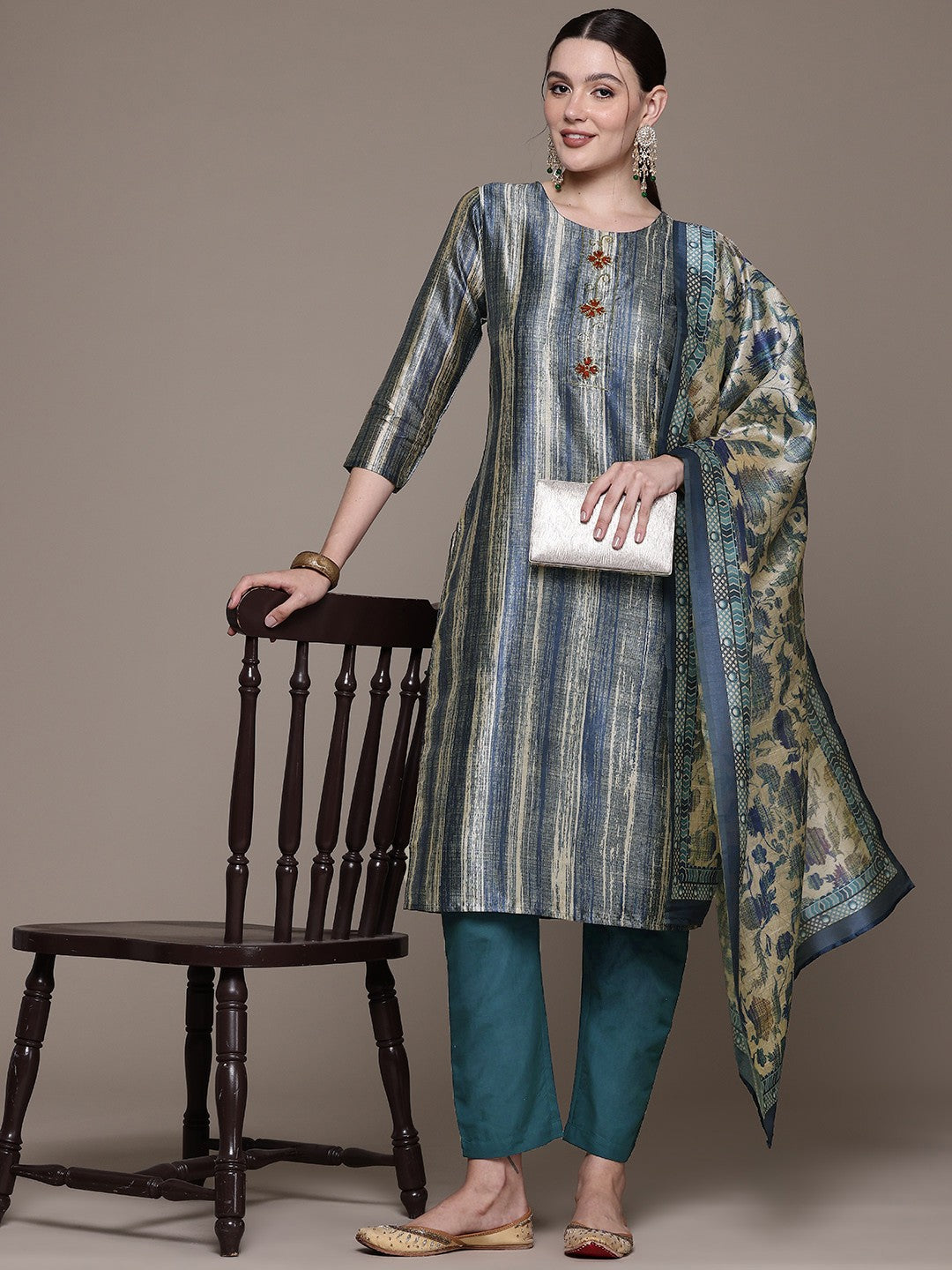 Straight style Silk fabric Teal color kurta with Bottom and Dupatta