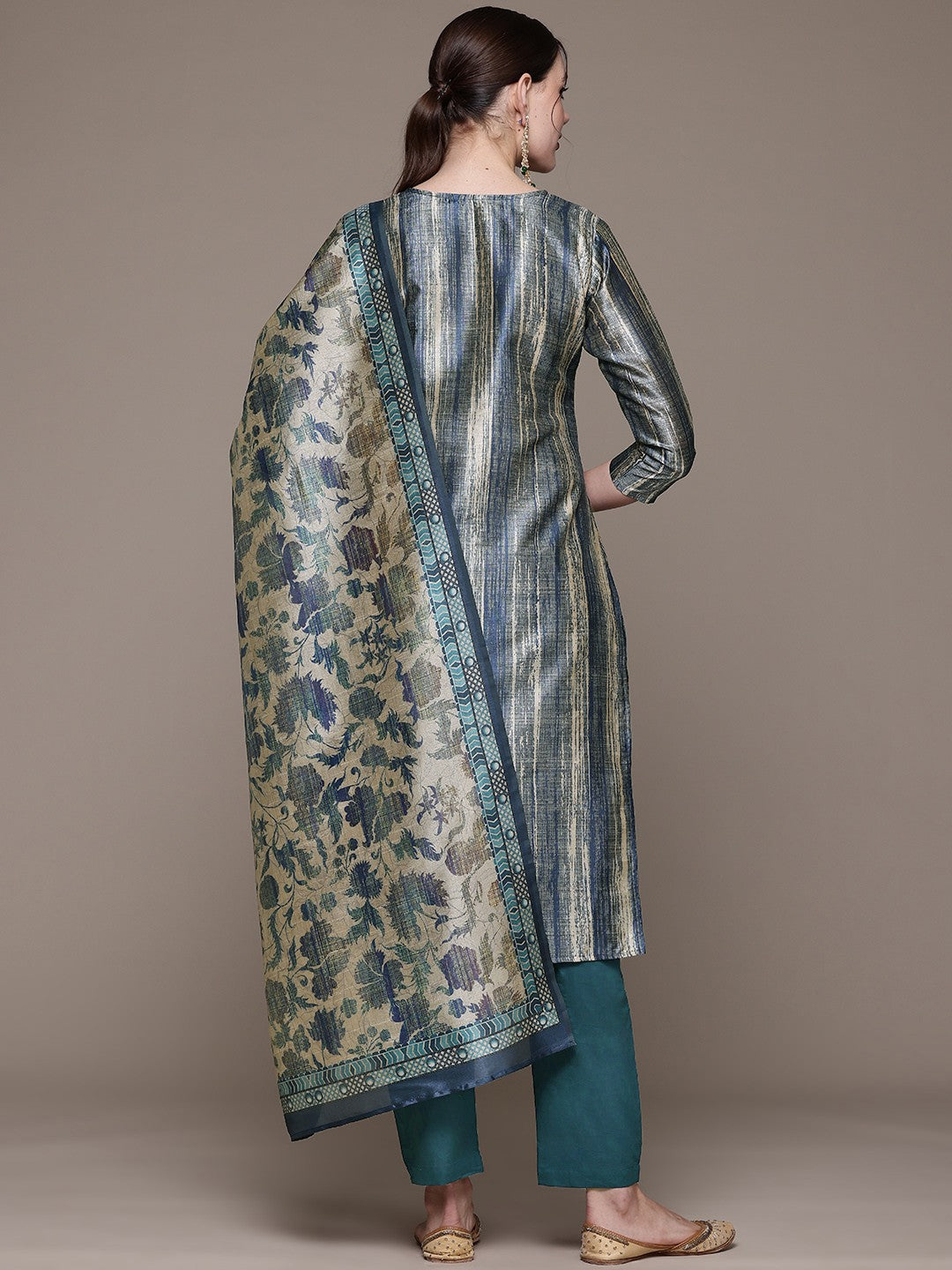 Straight style Silk fabric Teal color kurta with Bottom and Dupatta