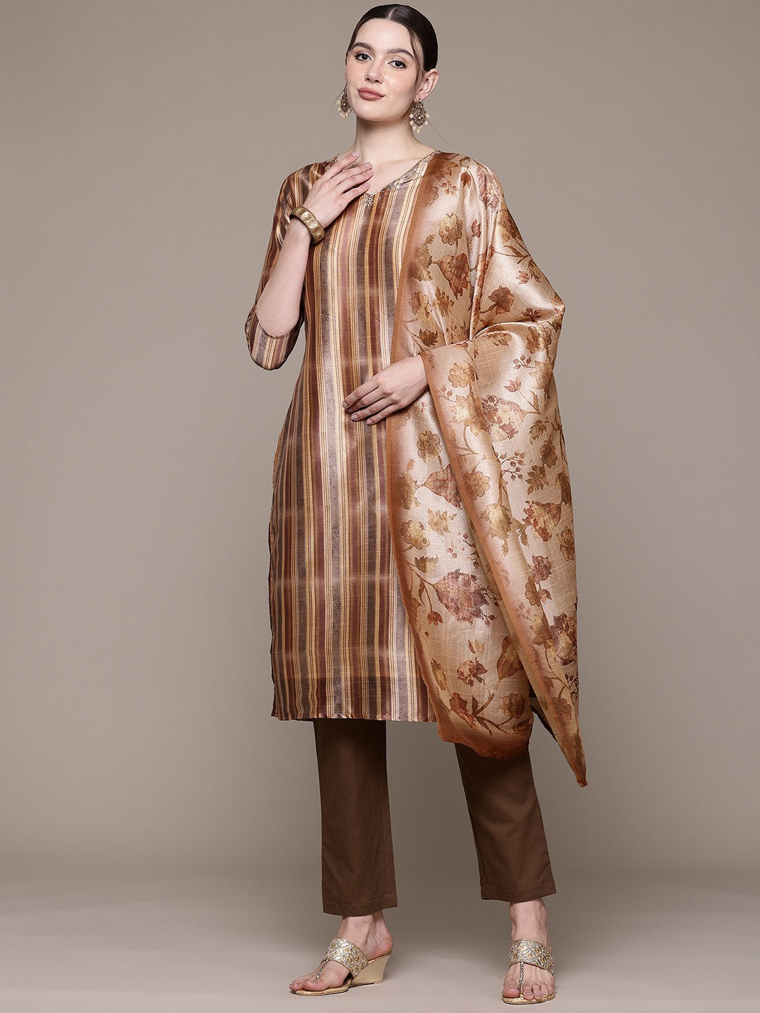 Straight style Silk fabric Brown color kurta with Bottom and Dupatta