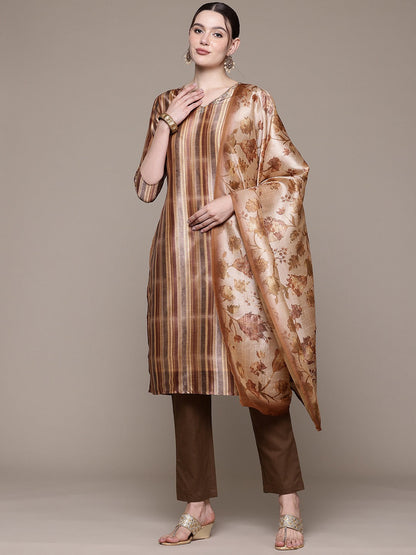 Straight style Silk fabric Brown color kurta with Bottom and Dupatta