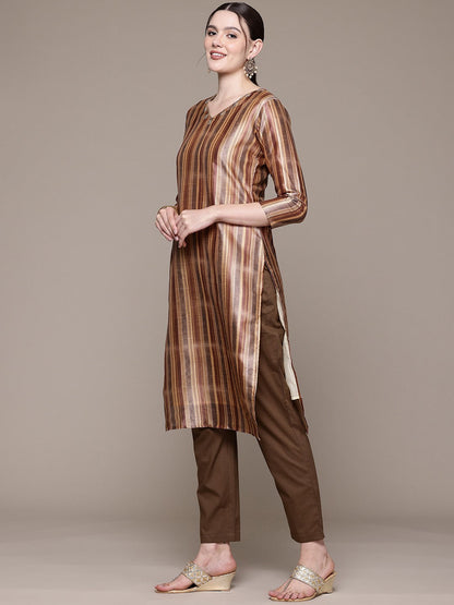 Straight style Silk fabric Brown color kurta with Bottom and Dupatta