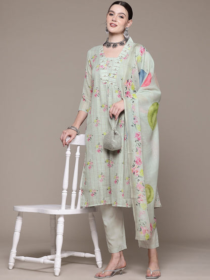 Straight style Cotton fabric Olive color kurta with Bottom and Dupatta