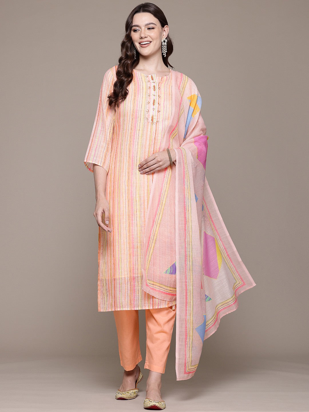 Straight style Cotton fabric Peach color kurta with Bottom and Dupatta