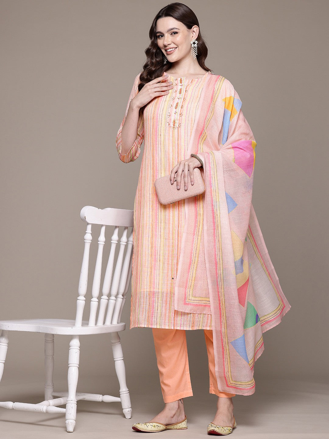 Straight style Cotton fabric Peach color kurta with Bottom and Dupatta