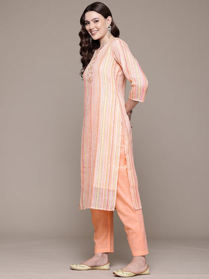 Straight style Cotton fabric Peach color kurta with Bottom and Dupatta