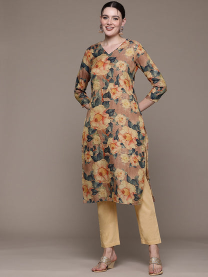 Straight style Linen fabric Multi color kurta with Bottom