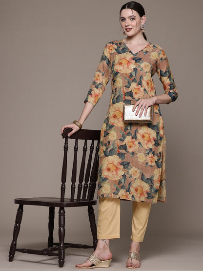 Straight style Linen fabric Multi color kurta with Bottom