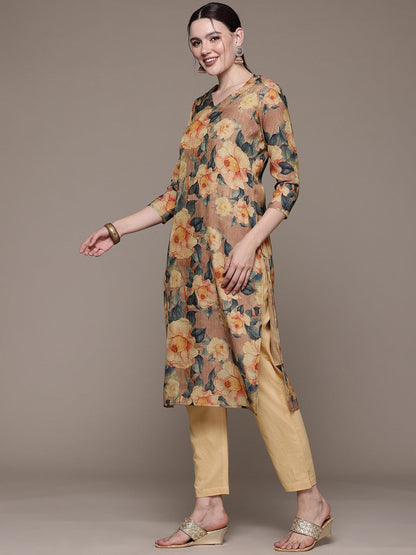 Straight style Linen fabric Multi color kurta with Bottom