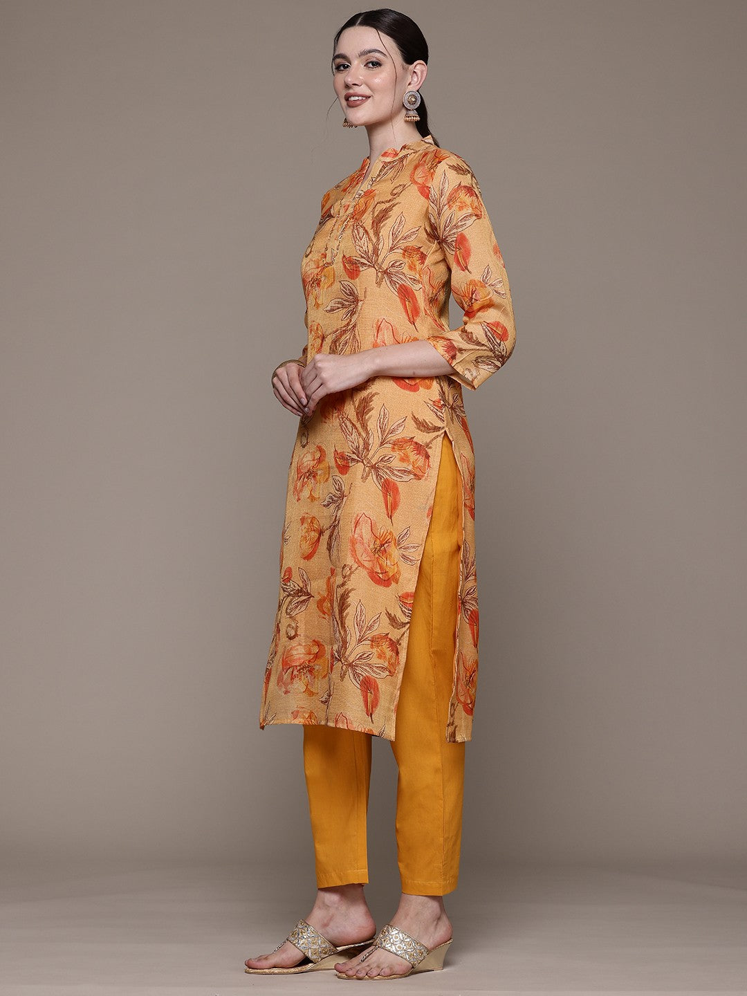 Straight style Linen fabric Orange color kurta with Bottom