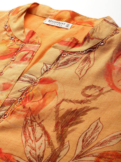 Straight style Linen fabric Orange color kurta with Bottom