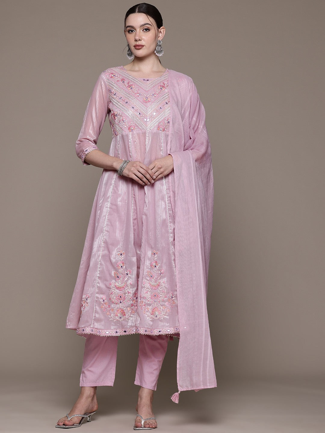 Anarkali style Cotton fabric Mauve color kurta with Bottom and Dupatta