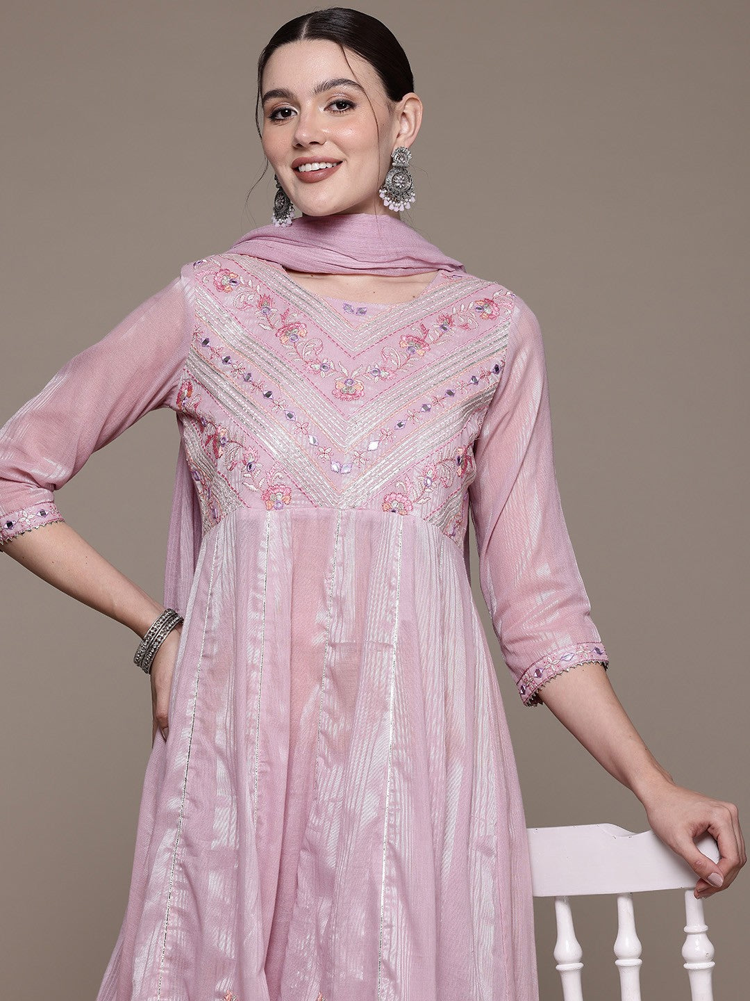 Anarkali style Cotton fabric Mauve color kurta with Bottom and Dupatta