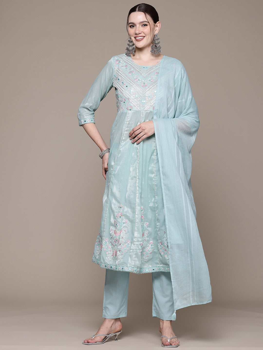 Anarkali style Cotton fabric Blue color kurta with Bottom and Dupatta