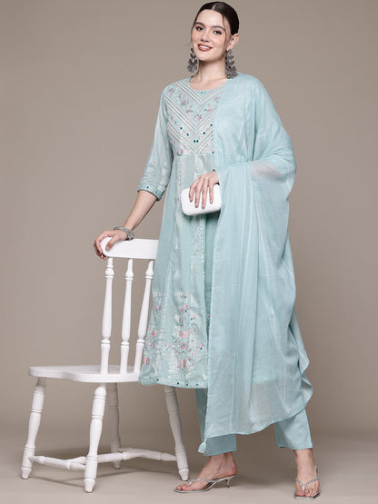 Anarkali style Cotton fabric Blue color kurta with Bottom and Dupatta