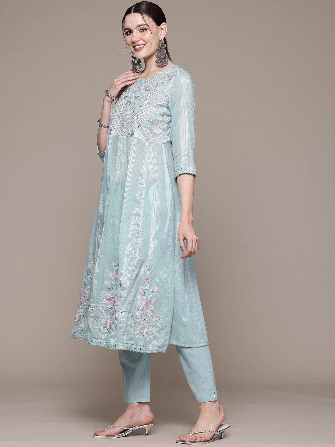 Anarkali style Cotton fabric Blue color kurta with Bottom and Dupatta