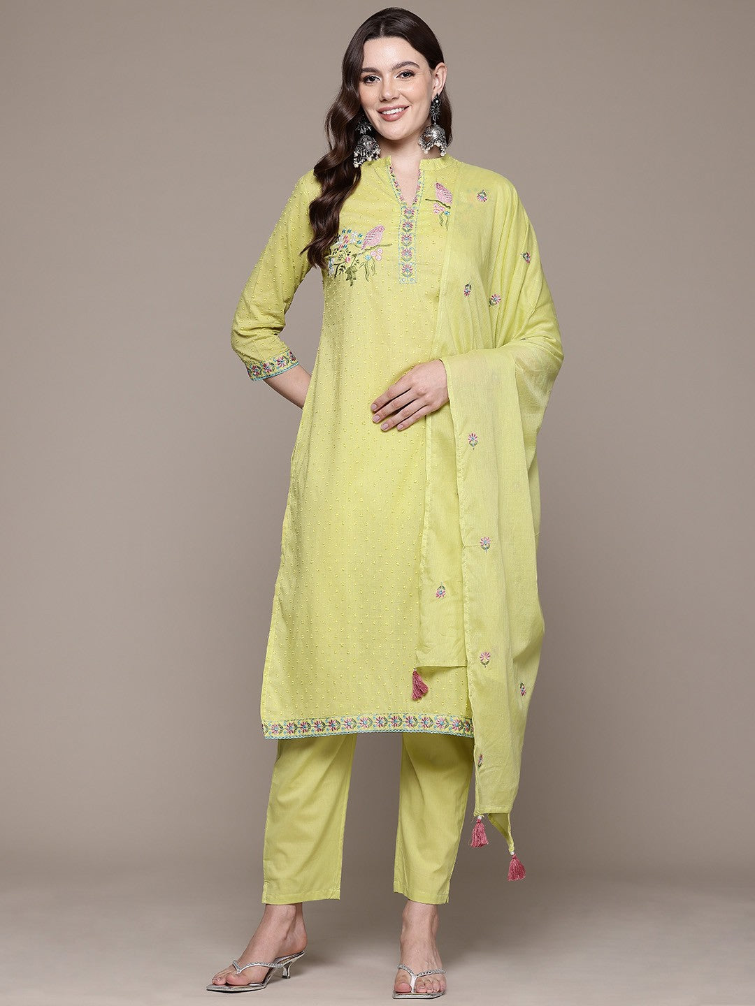 Straight style Cotton fabric Olive color kurta with Bottom and Dupatta