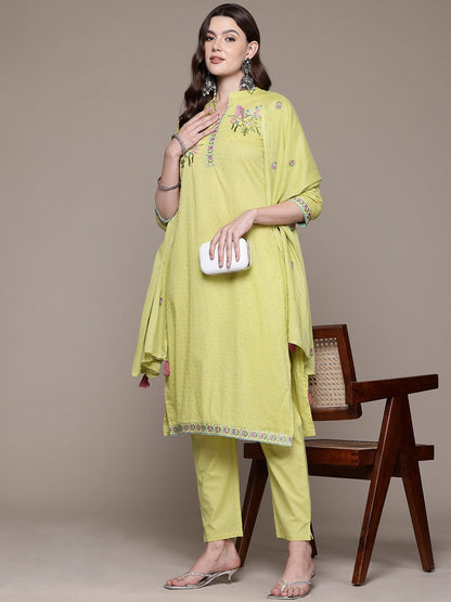 Straight style Cotton fabric Olive color kurta with Bottom and Dupatta