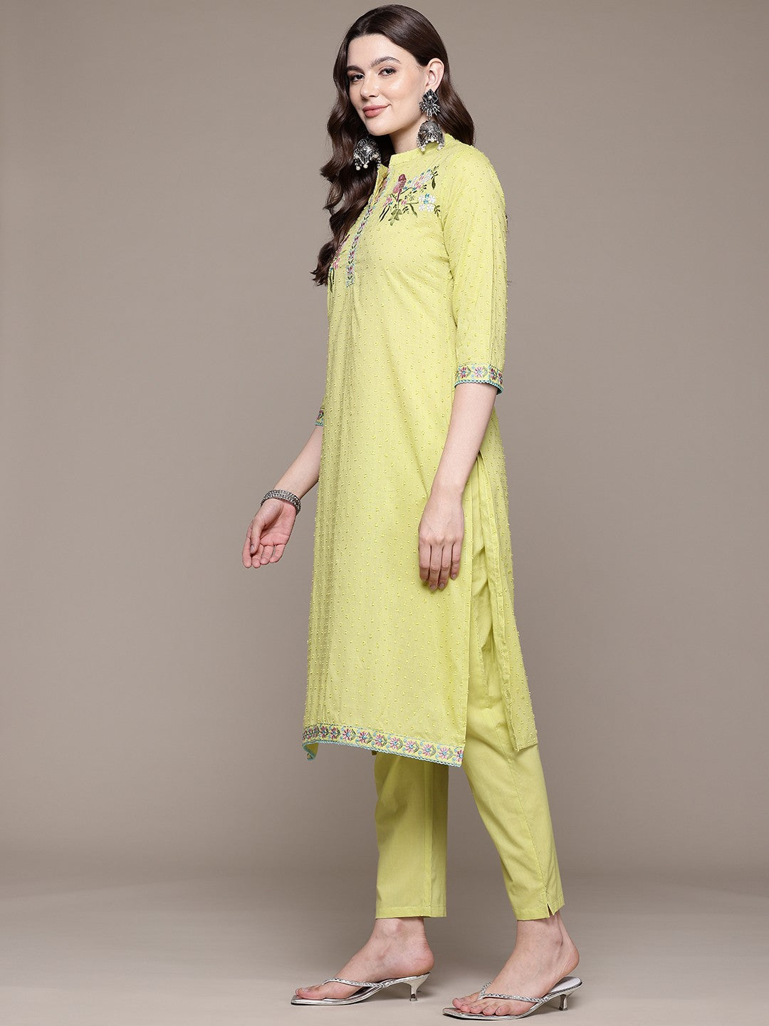 Straight style Cotton fabric Olive color kurta with Bottom and Dupatta