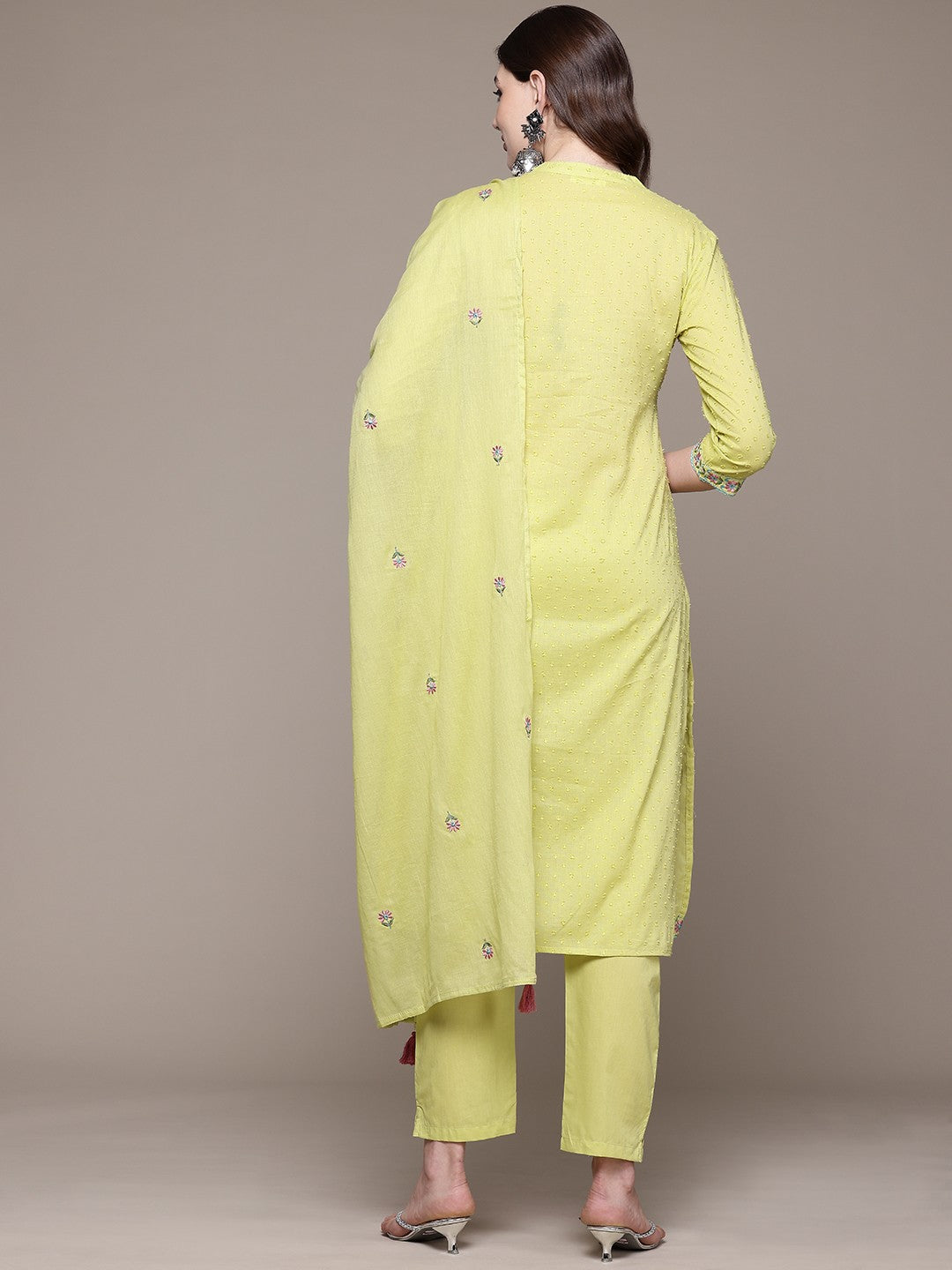 Straight style Cotton fabric Olive color kurta with Bottom and Dupatta