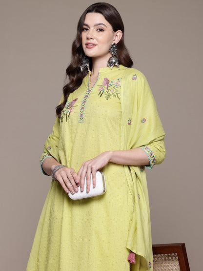 Straight style Cotton fabric Olive color kurta with Bottom and Dupatta