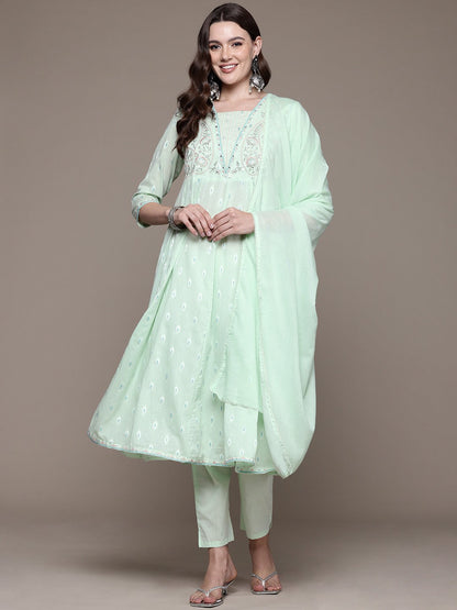 Anarkali style Cotton fabric Green color kurta with Bottom and Dupatta