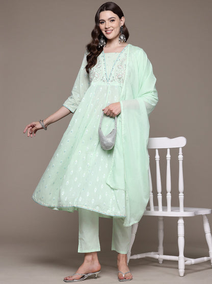 Anarkali style Cotton fabric Green color kurta with Bottom and Dupatta