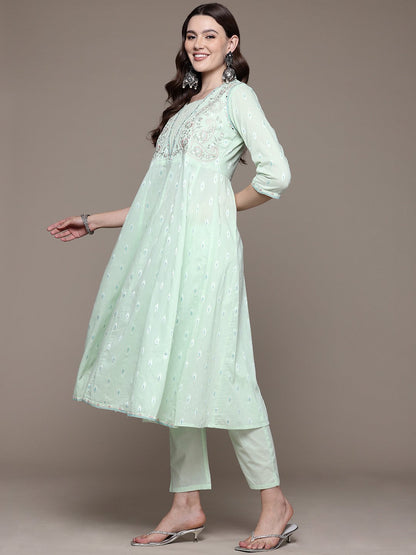 Anarkali style Cotton fabric Green color kurta with Bottom and Dupatta